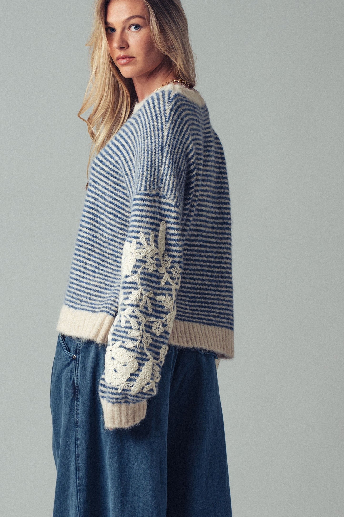 Trend Notes Striped Wool Sweater w/Embroidered Sleeves