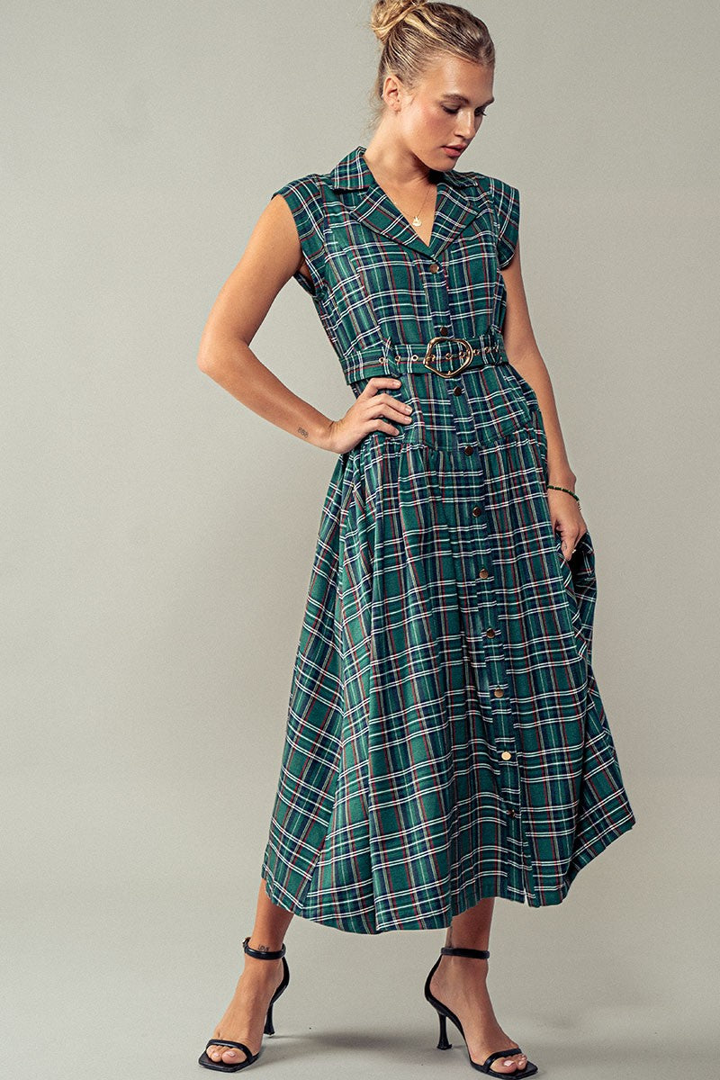 Dashing Plaid Belted A-Line Dress