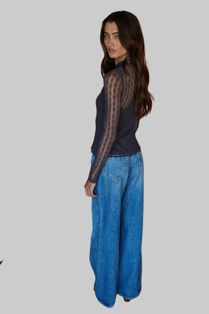 By Together Ribbed Sheer Lace Mock Neck L/S