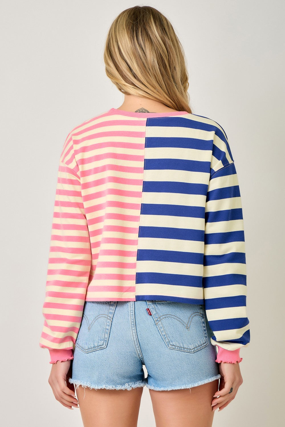 Mystree Mixed Stripe Color Block Terry Pullover
