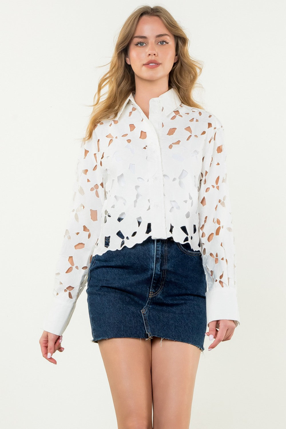 THML Floral Eyelet Long Sleeve Blouse