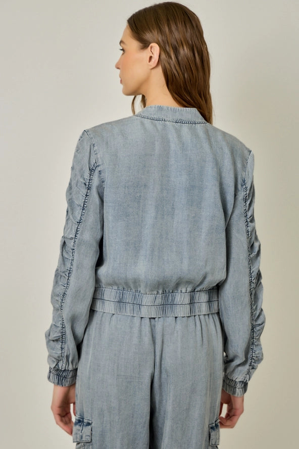 Mystree Tencel Gathered Sleeve Bomber Jacket