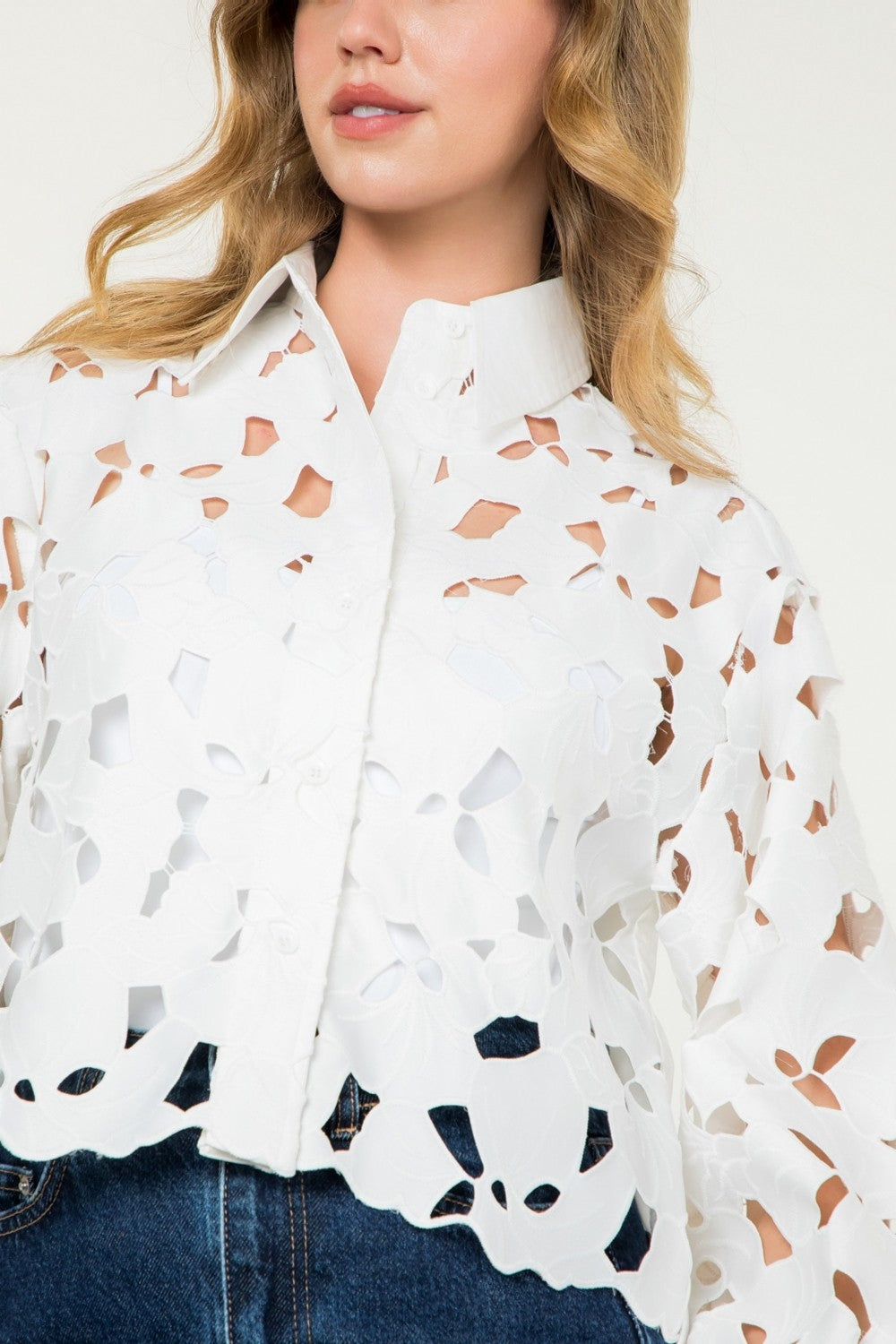 THML Floral Eyelet Long Sleeve Blouse