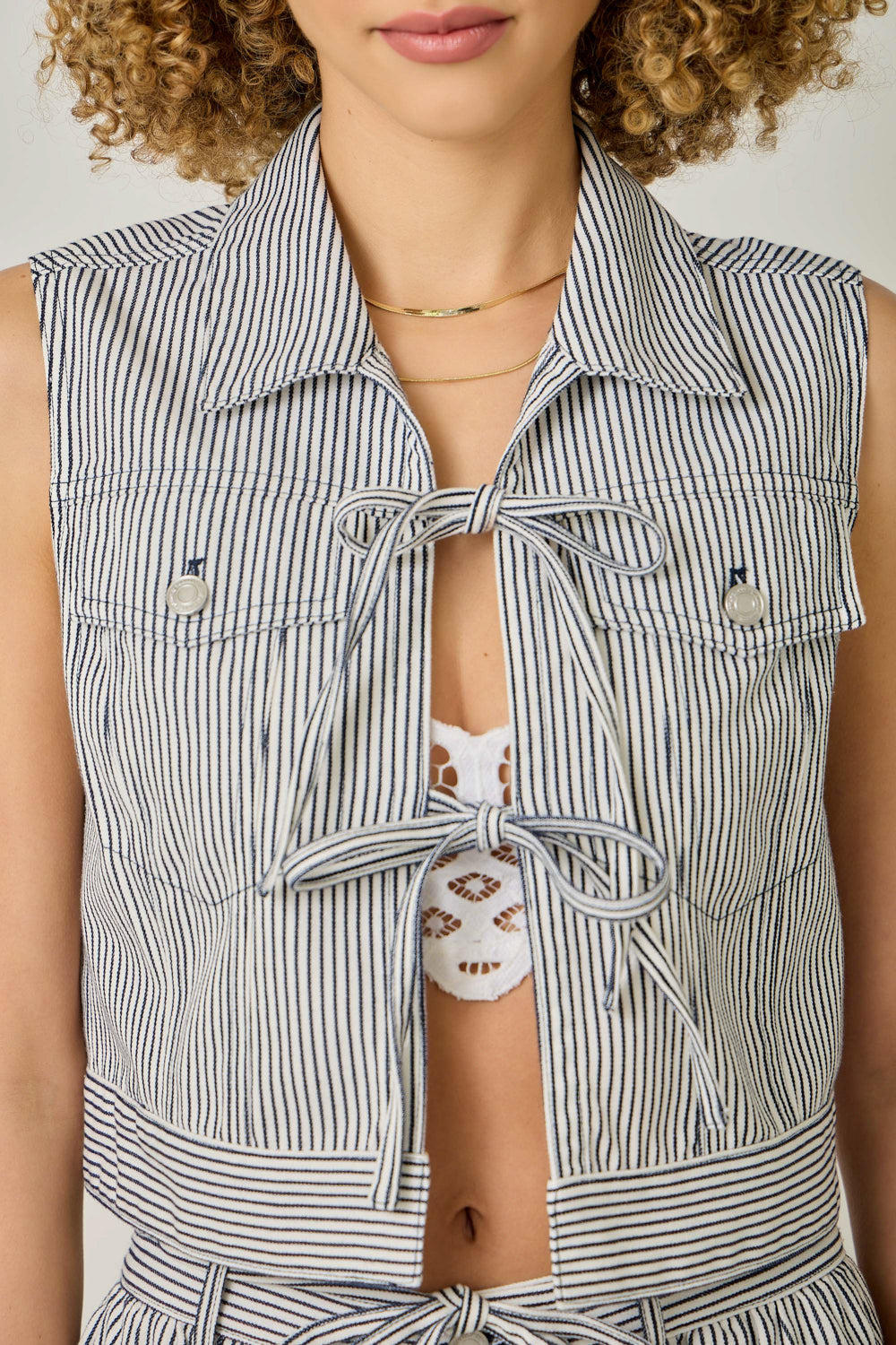 Mystree Railroad Stripe Front Tie Denim Vest
