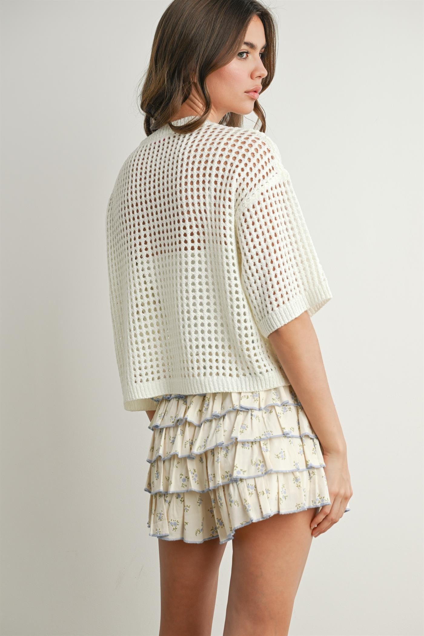 Buttermelon Flag Print Open Knit Crochet Sweater Top