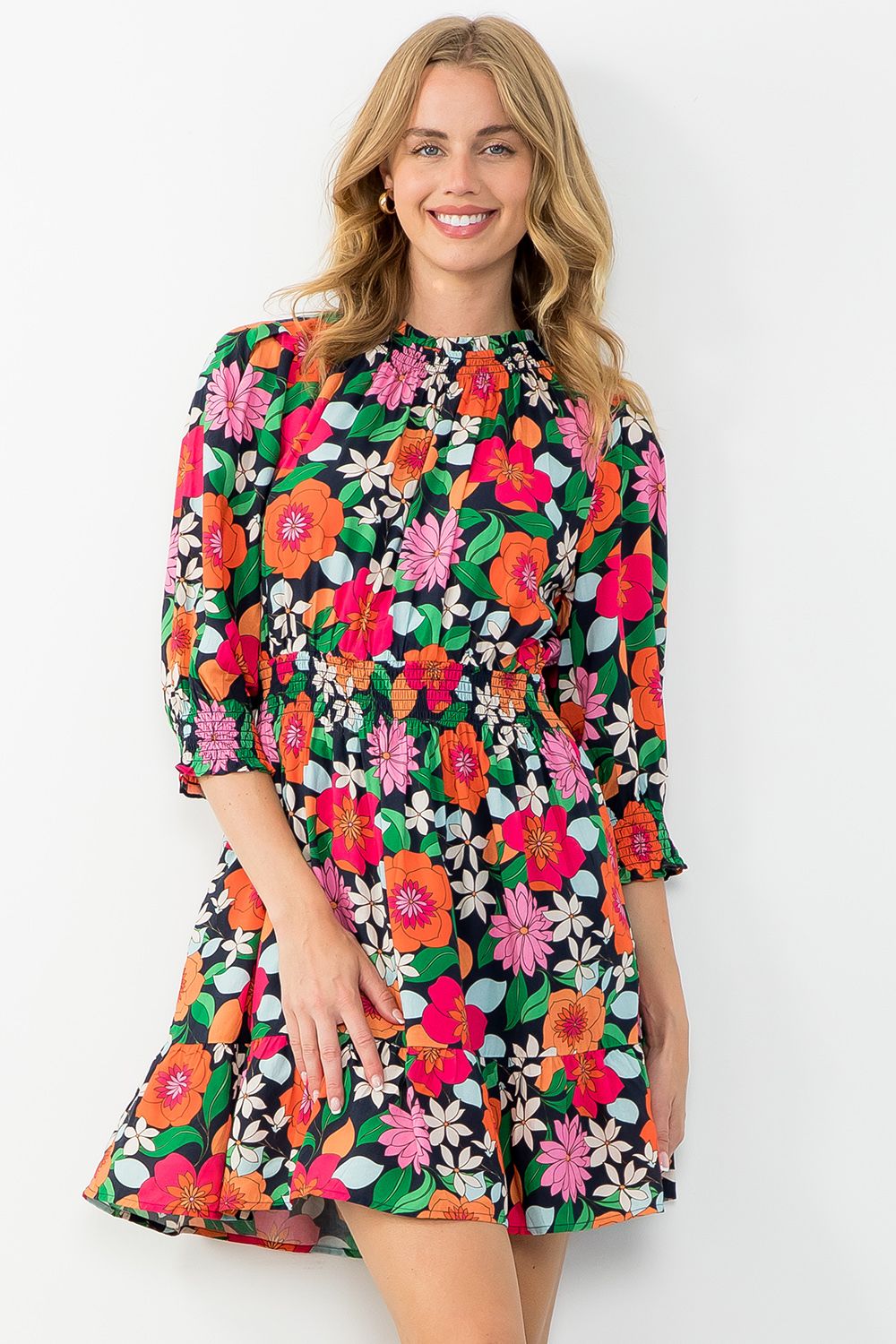 THML Smocked Waist Floral Midi Dress