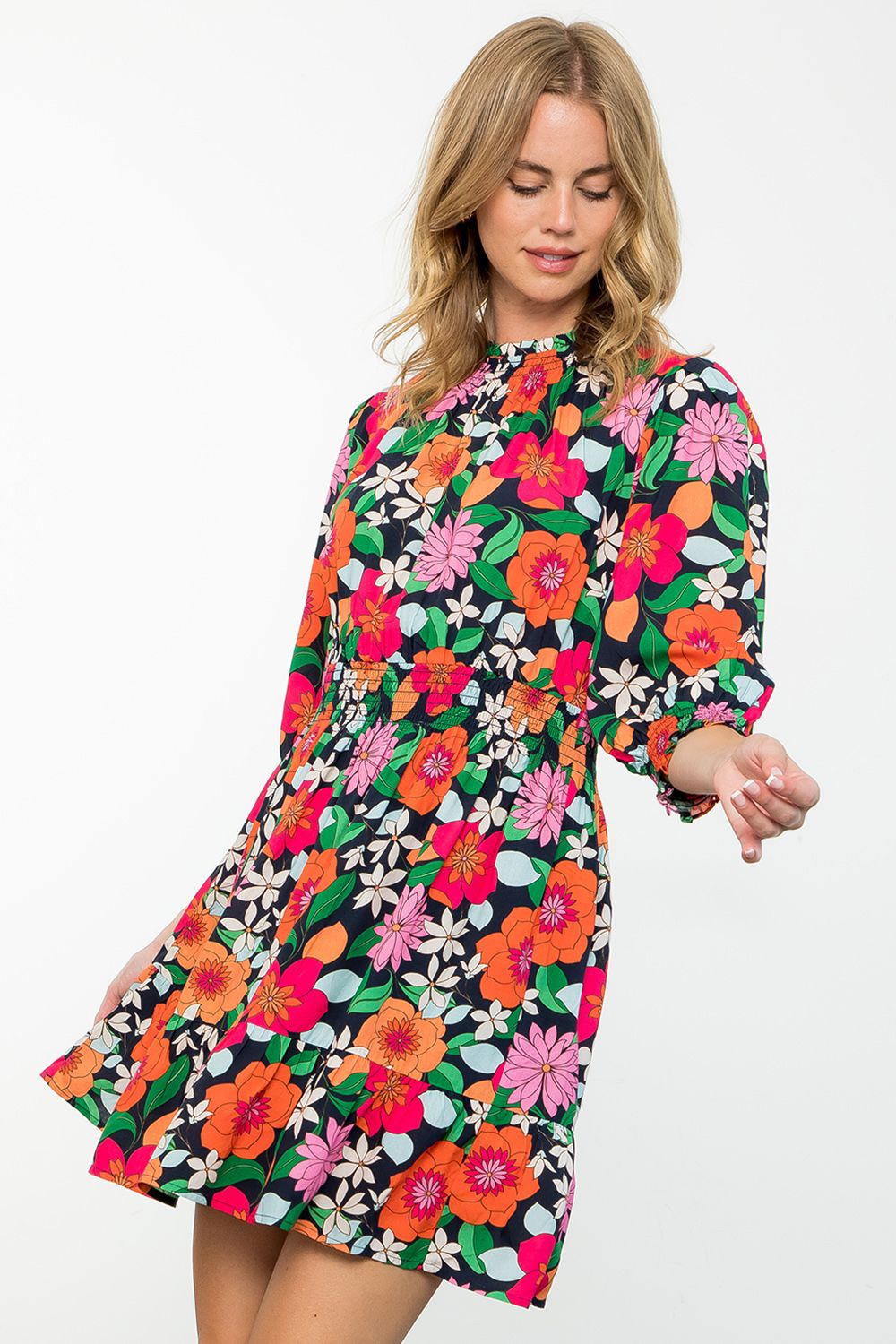 THML Smocked Waist Floral Midi Dress