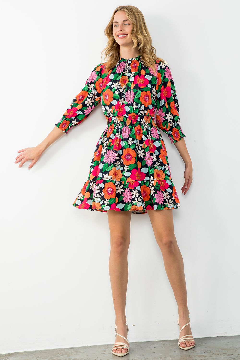 THML Smocked Waist Floral Midi Dress