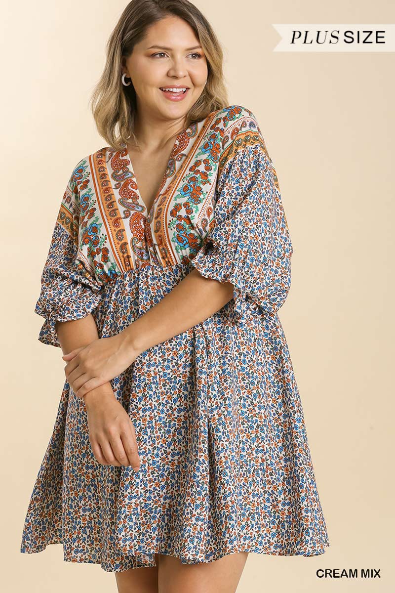 Curvy V-neck Mixed Print Dress