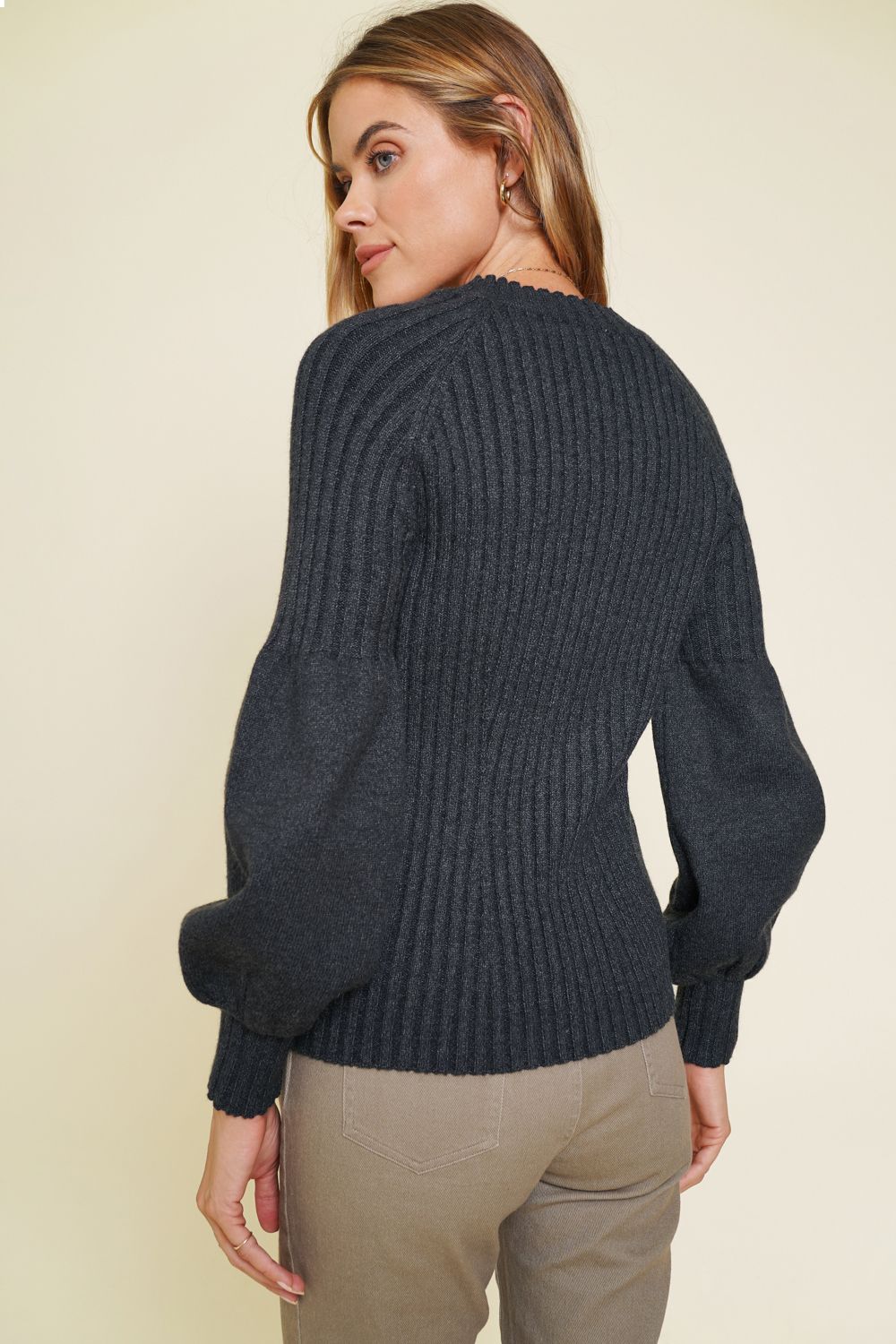Ribbed Puff Sleeve Pullover