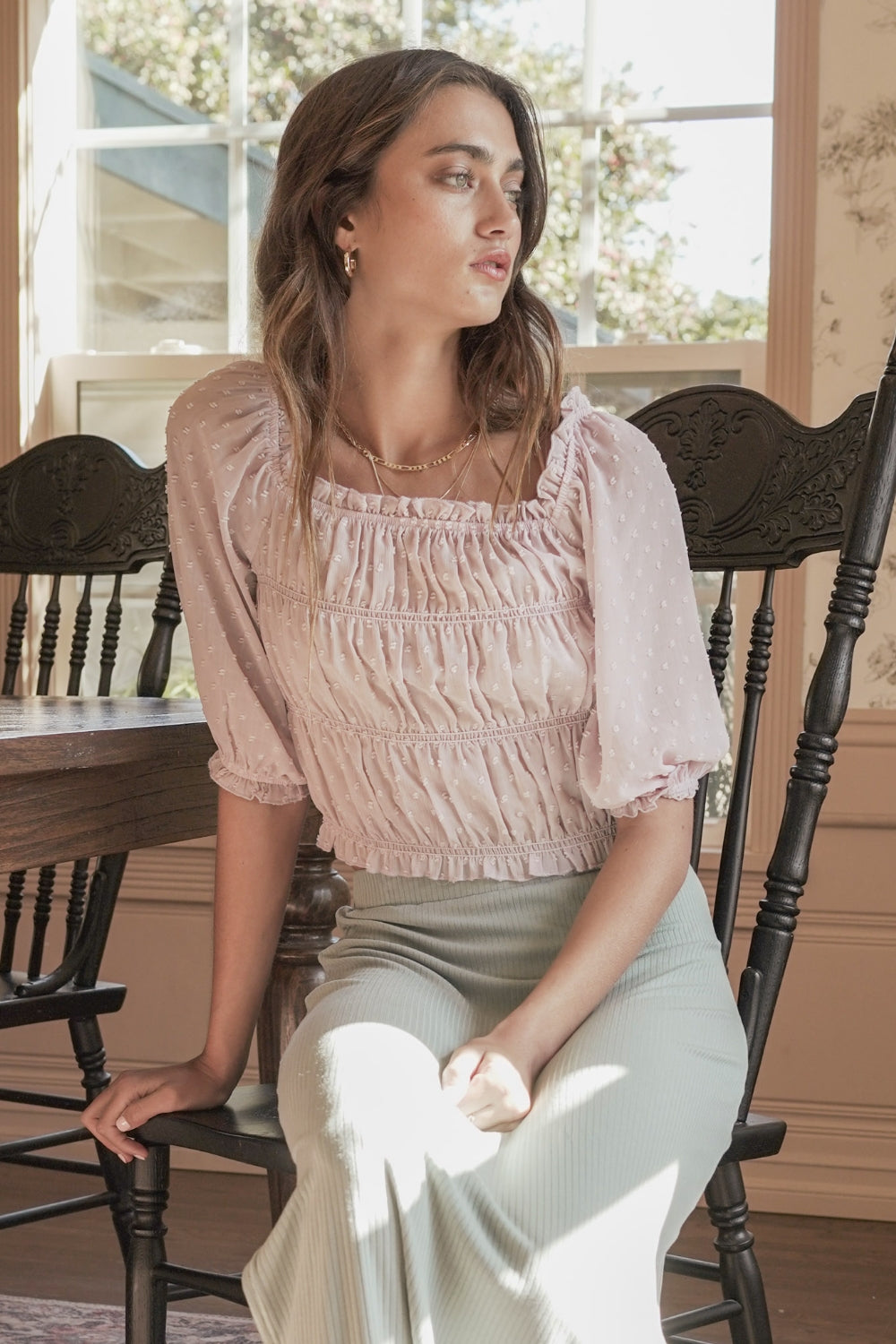 Swiss Dot Chiffon Smocked Crop Top