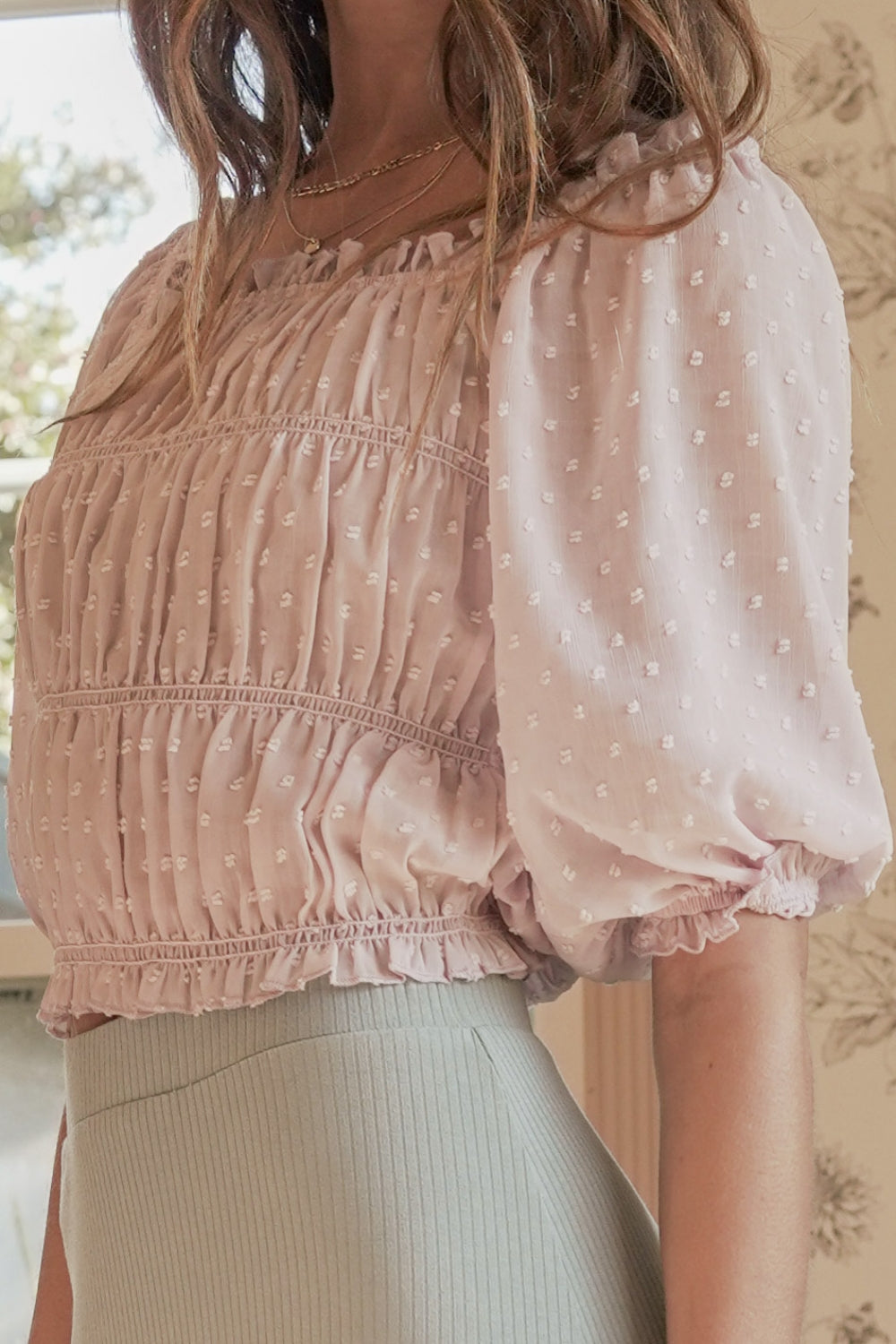 Swiss Dot Chiffon Smocked Crop Top