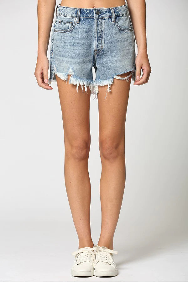 Sofie Light Wash Uneven Hem Fray Mom Shorts
