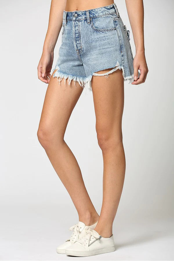 Sofie Light Wash Uneven Hem Fray Mom Shorts