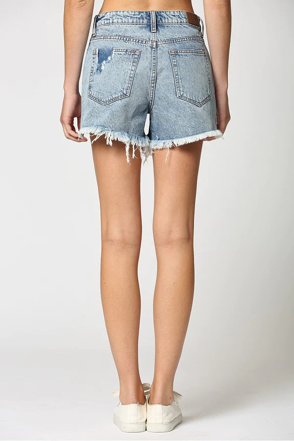 Sofie Light Wash Uneven Hem Fray Mom Shorts