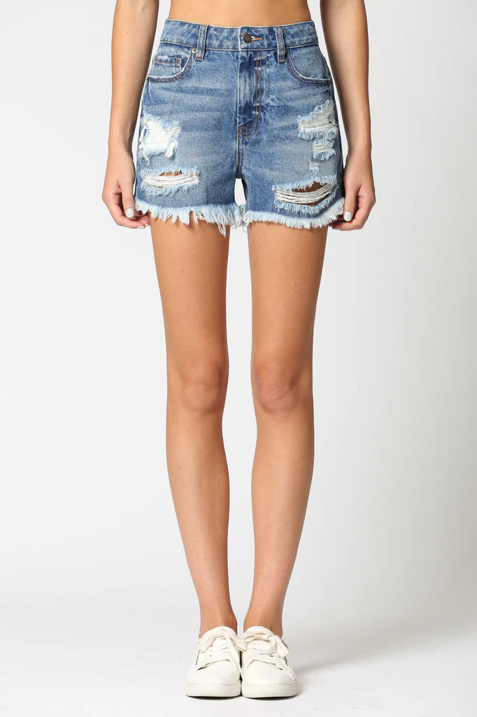 Finn High Rise Dark Wash Distressed Shorts