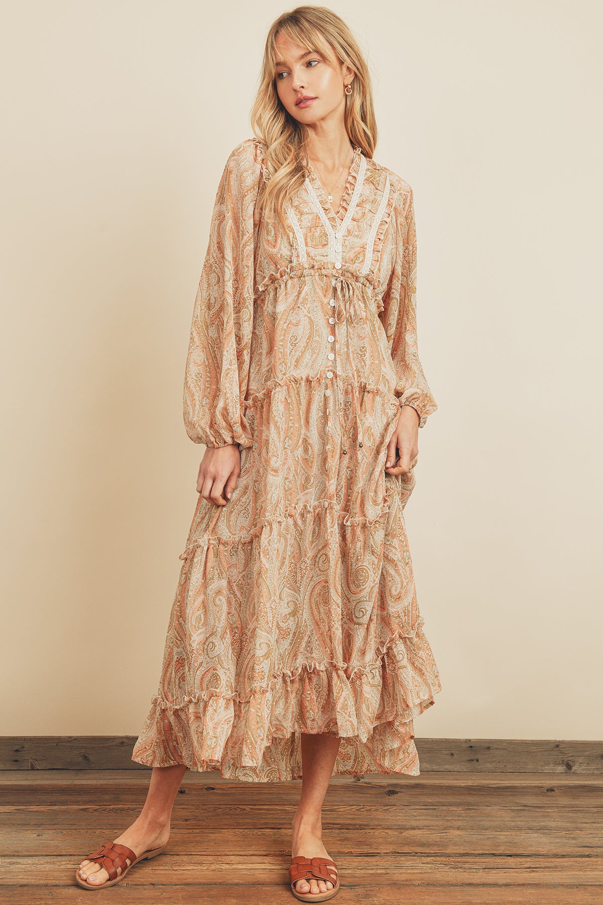 Paisley Lace Trim Tiered Dress