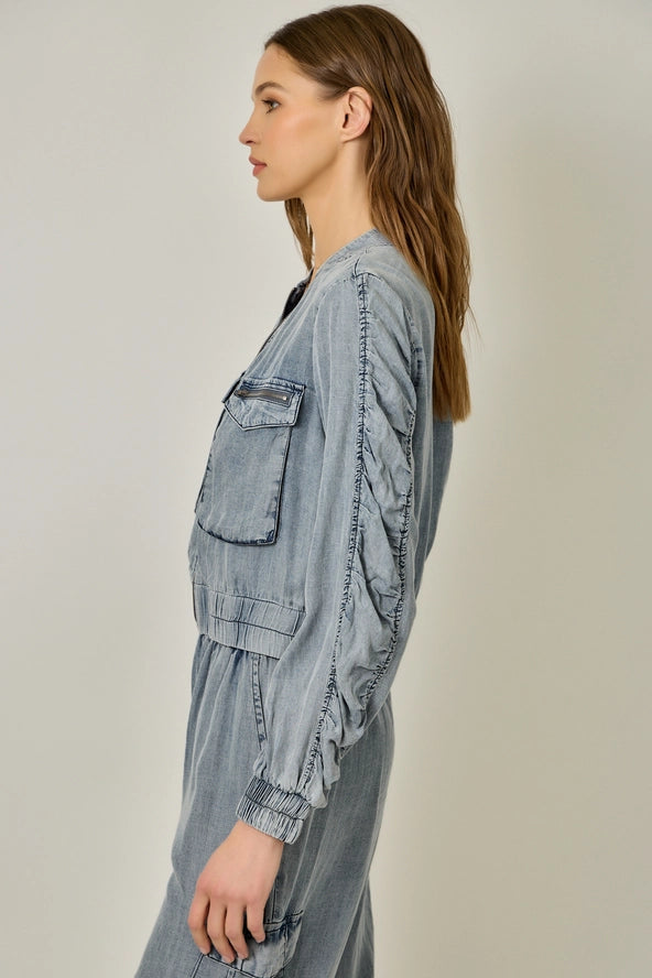 Mystree Tencel Gathered Sleeve Bomber Jacket