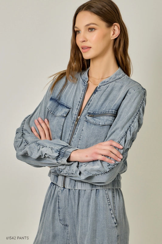 Mystree Tencel Gathered Sleeve Bomber Jacket