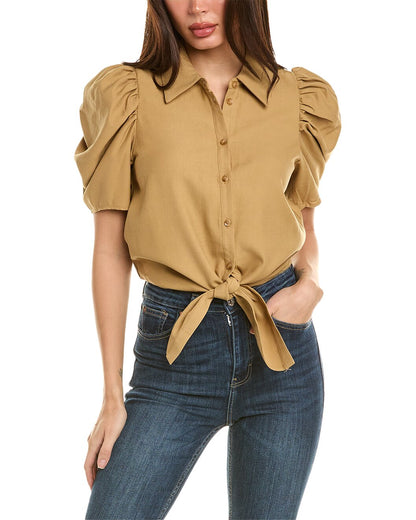 Elan Poof Sleeve Crop Tie Blouse