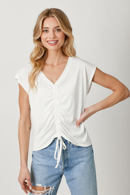Front ruche modal top with drawstring