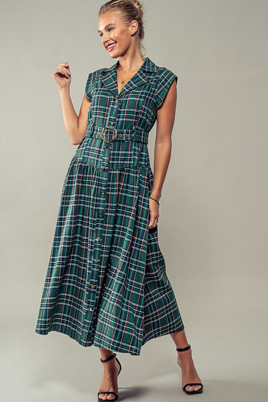 Dashing Plaid Belted A-Line Dress