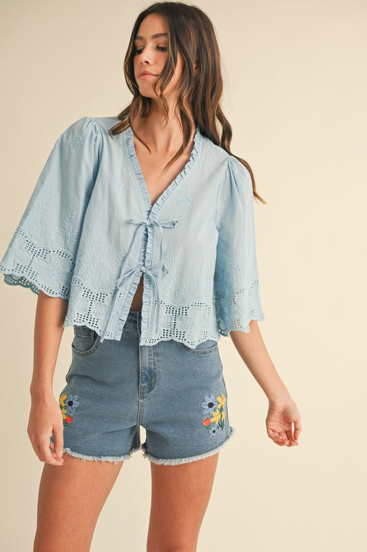 AnnieWear Floral Embroidery Tie Front Blouse