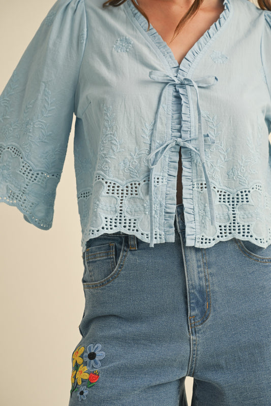 AnnieWear Floral Embroidery Tie Front Blouse