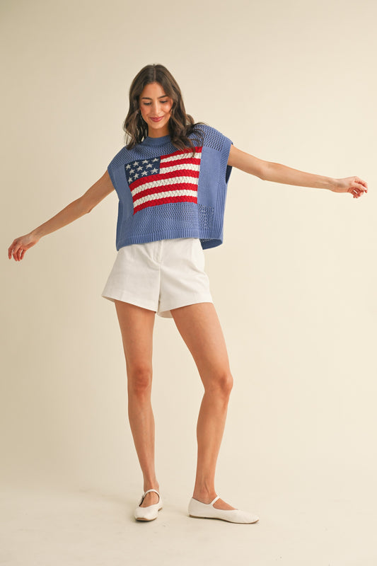 AnnieWear American Flag Open Stitch Sweater Top