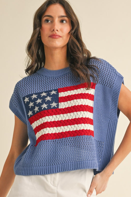 AnnieWear American Flag Open Stitch Sweater Top