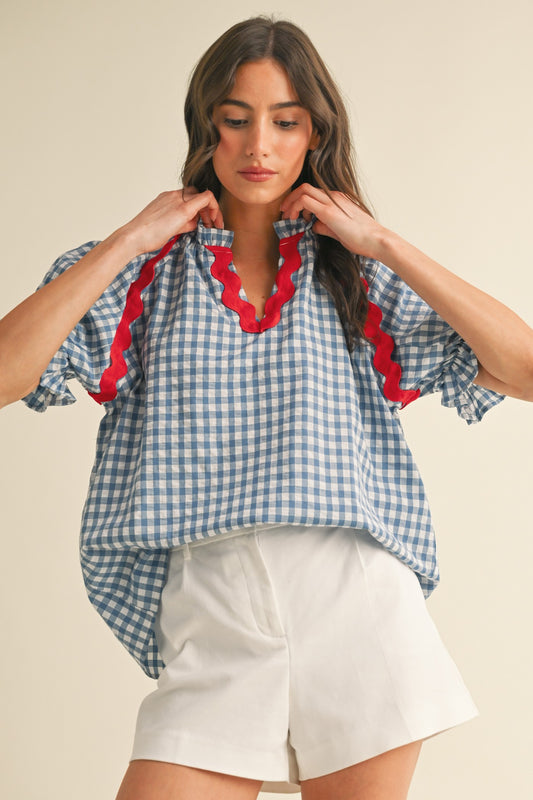 AnnieWear Ric-Rac Trimmed Gingham Check Puff Sleeve Blouse