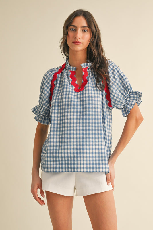 AnnieWear Ric-Rac Trimmed Gingham Check Puff Sleeve Blouse