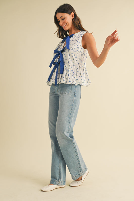 AnnieWear Ditsy Print Bow Balloon Hem Blouse