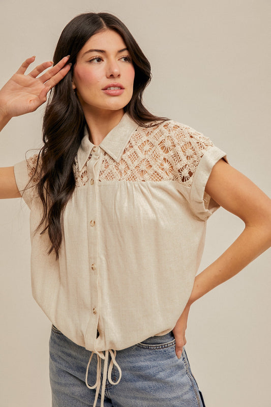 Hem & Thread Crochet Contrast Draw String Linen Shirt