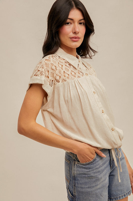 Hem & Thread Crochet Contrast Draw String Linen Shirt