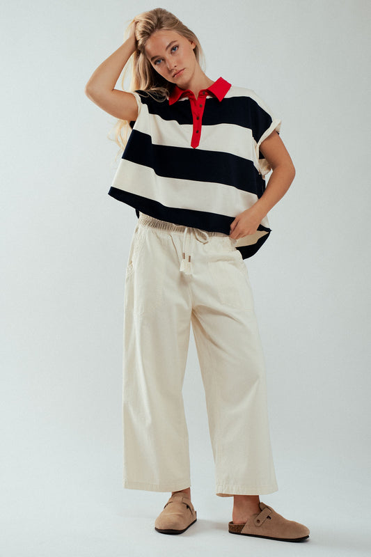 Urban Daisy Striped Polo Top with Red Collar