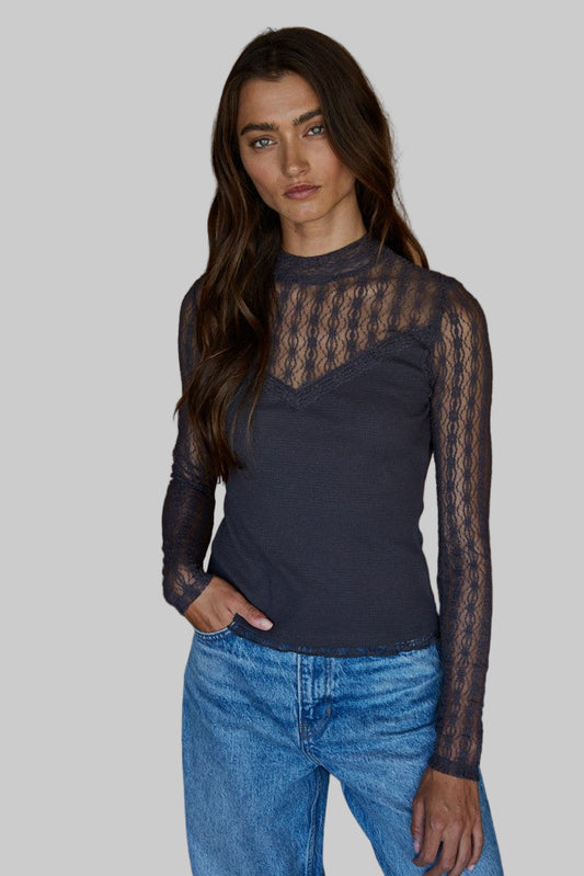 By Together Ribbed Sheer Lace Mock Neck L/S