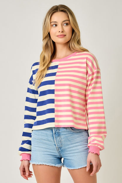 Mystree Mixed Stripe Color Block Terry Pullover