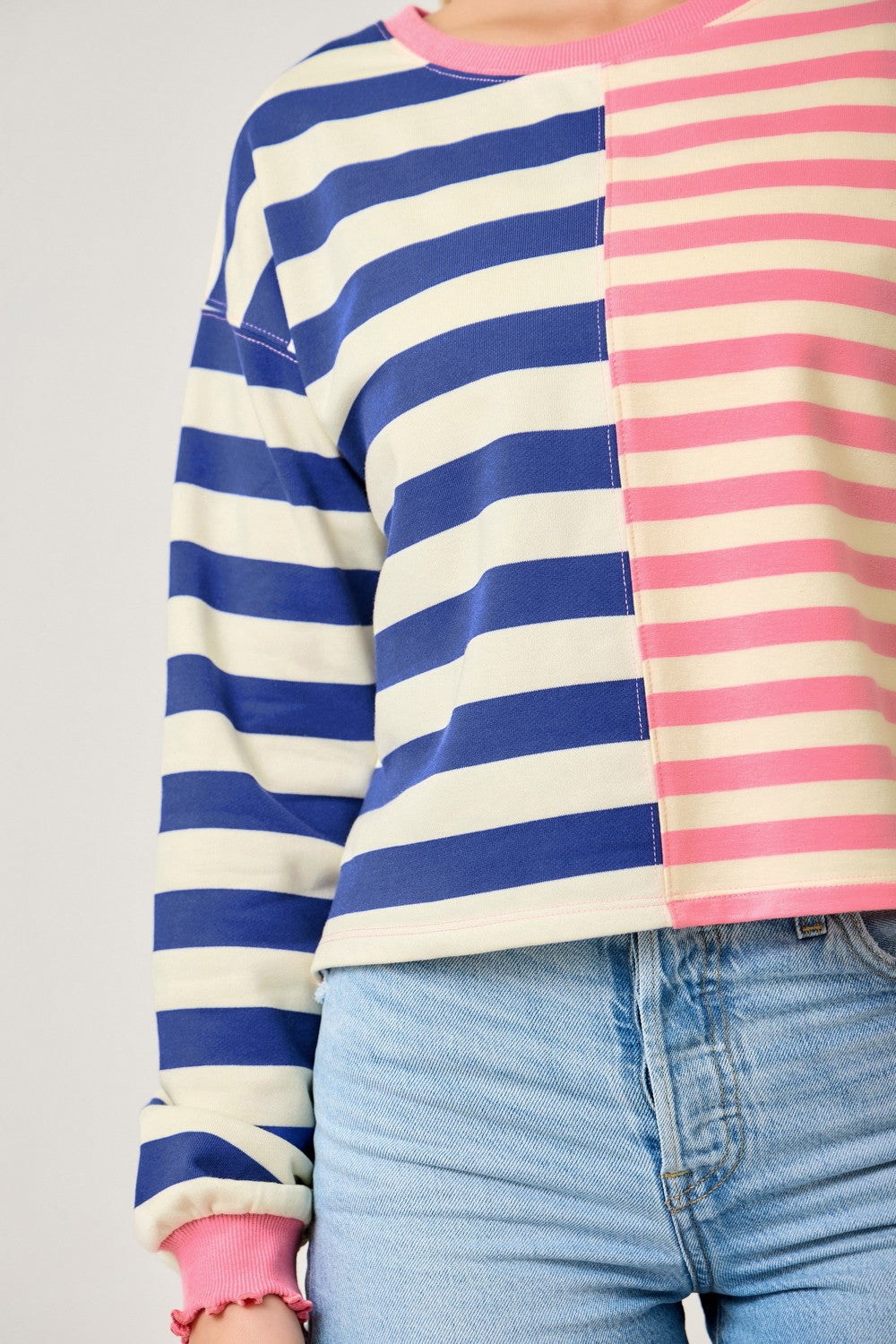 Mystree Mixed Stripe Color Block Terry Pullover