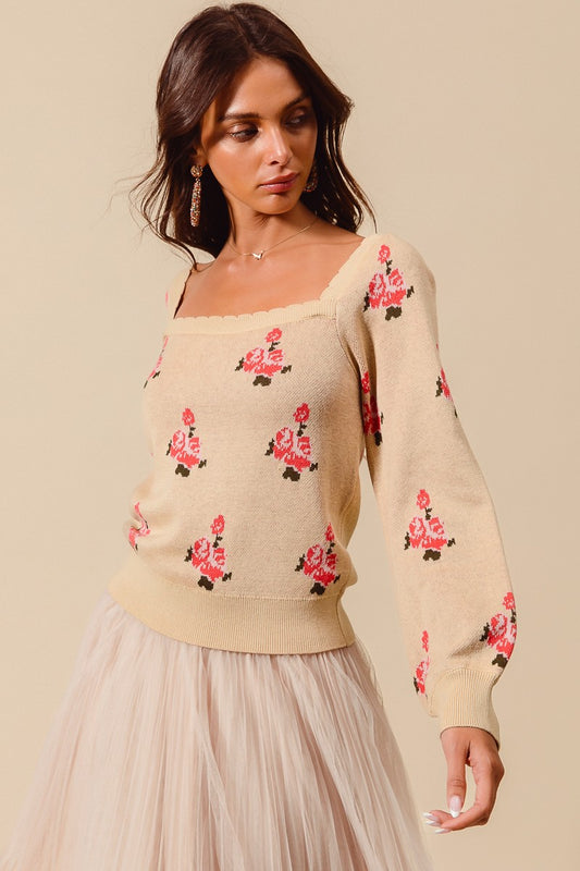 So Me Floral Square Neck Sweater