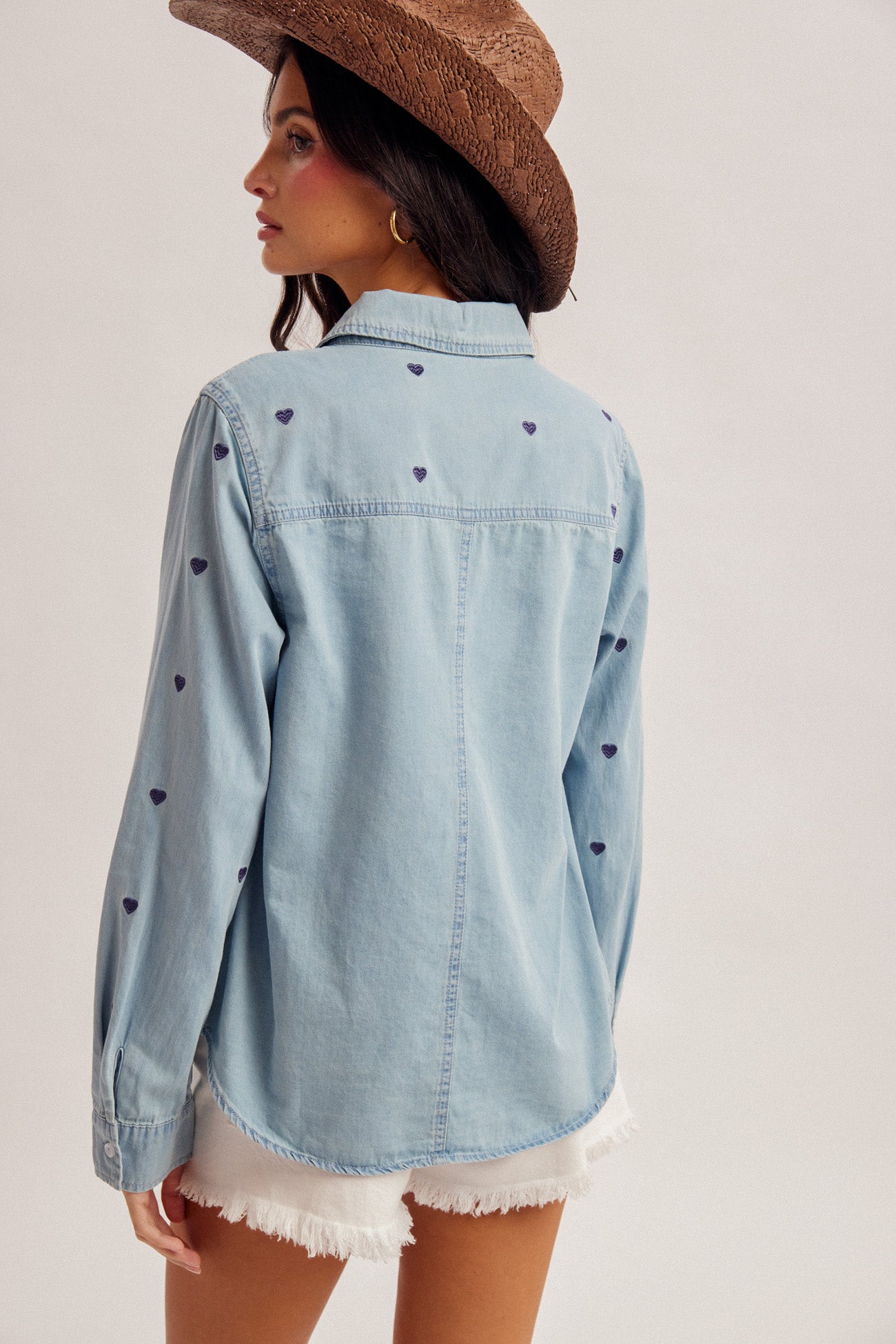 Hem and Thread Tencel Heart-Embroidered Denim Shirt