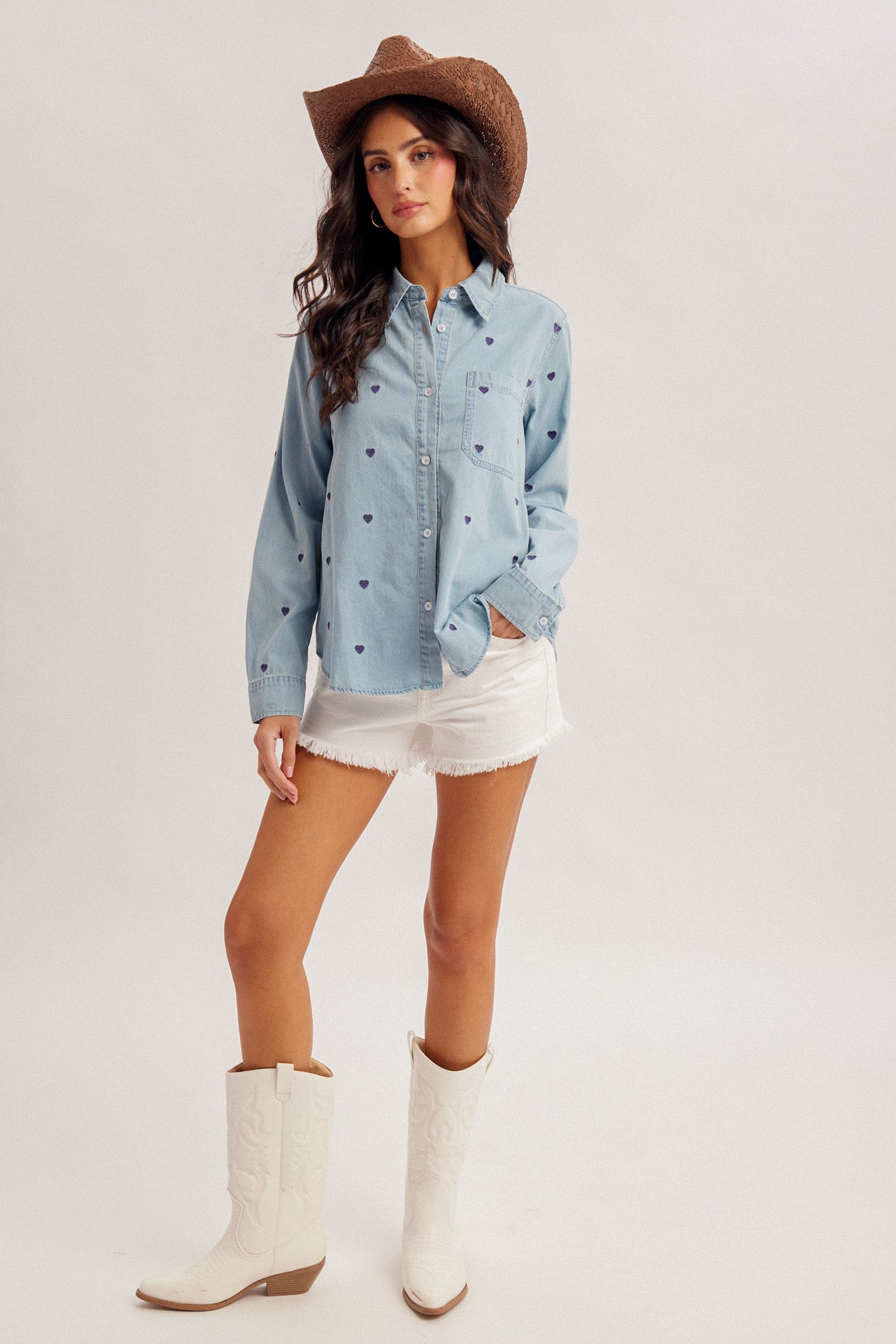 Hem and Thread Tencel Heart-Embroidered Denim Shirt