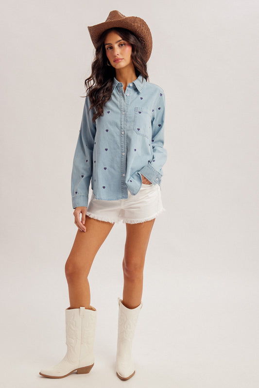 Hem and Thread Tencel Heart-Embroidered Denim Shirt