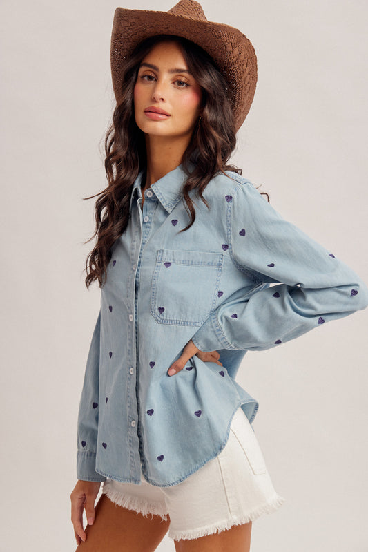 Hem and Thread Tencel Heart-Embroidered Denim Shirt