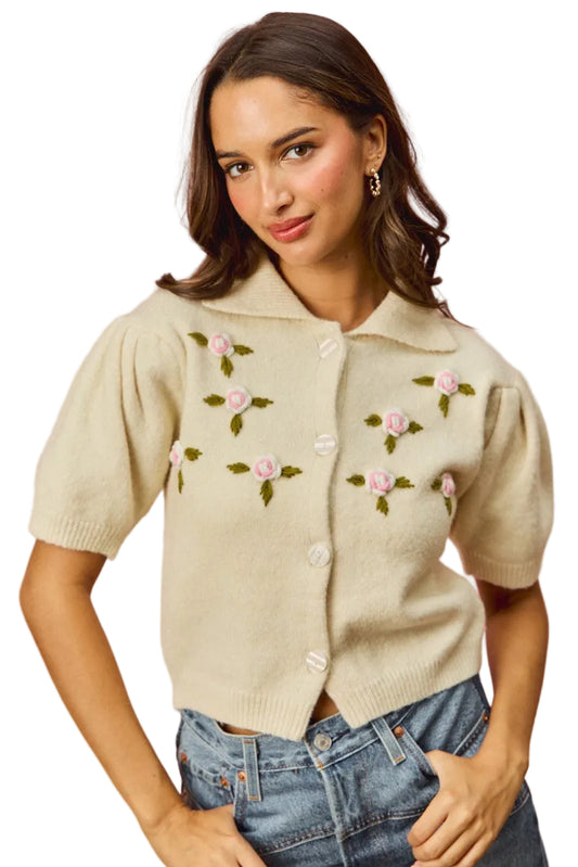 So Me Floral Embroidered Button Down Sweater Cardigan