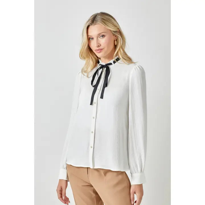 Mystree Neck Ruffle and Ribbon Blouse