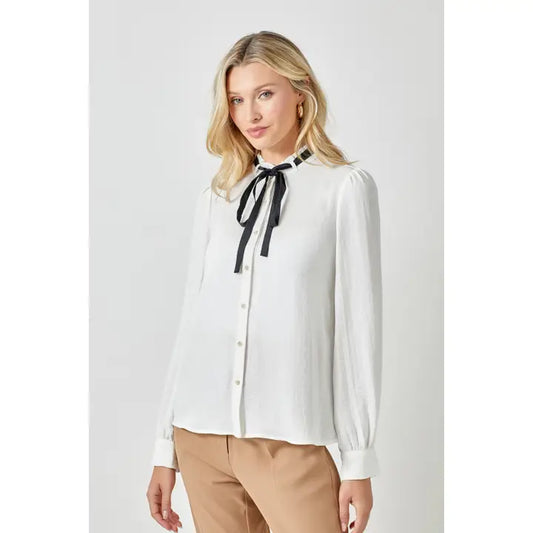 Mystree Neck Ruffle and Ribbon Blouse