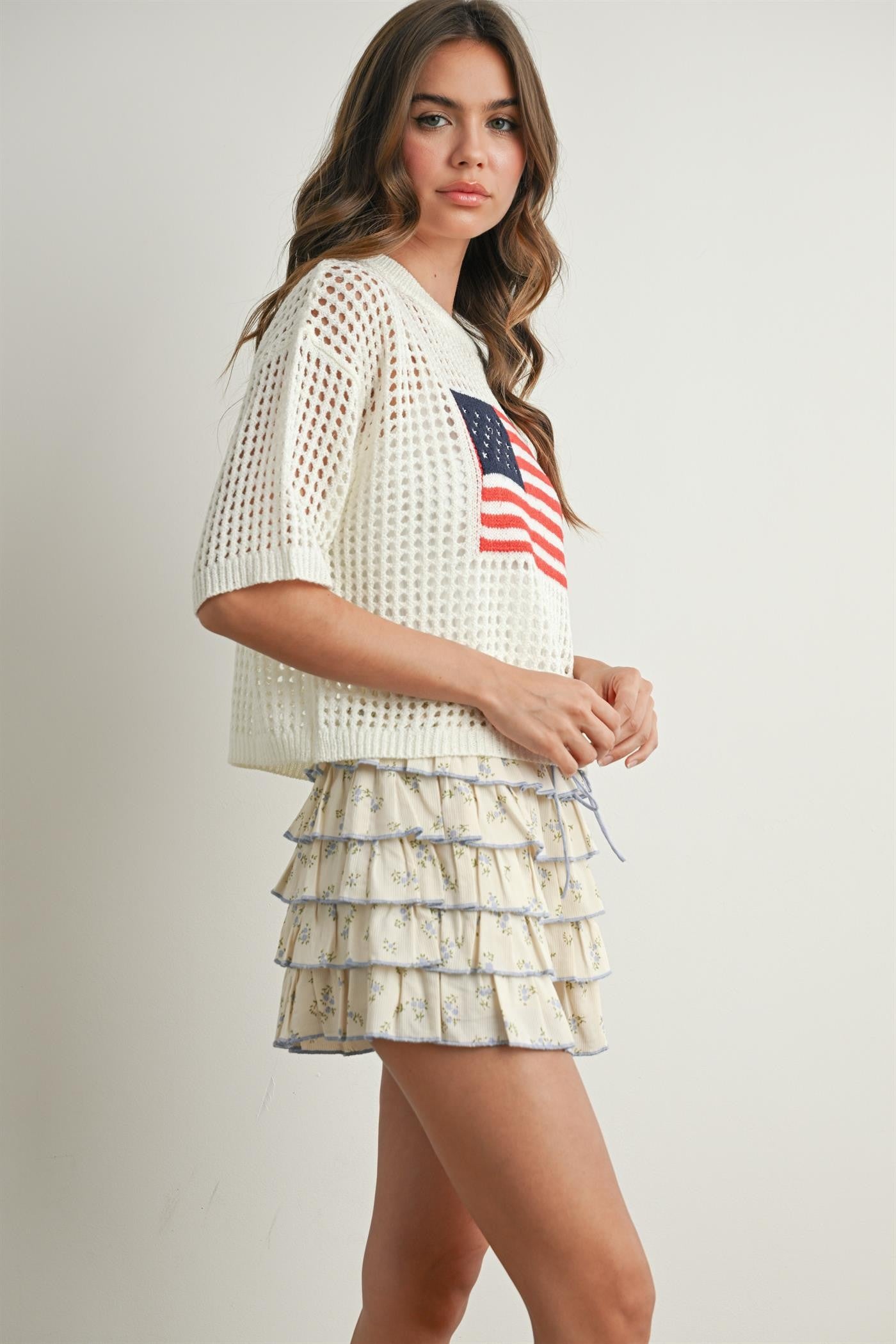 Buttermelon Flag Print Open Knit Crochet Sweater Top