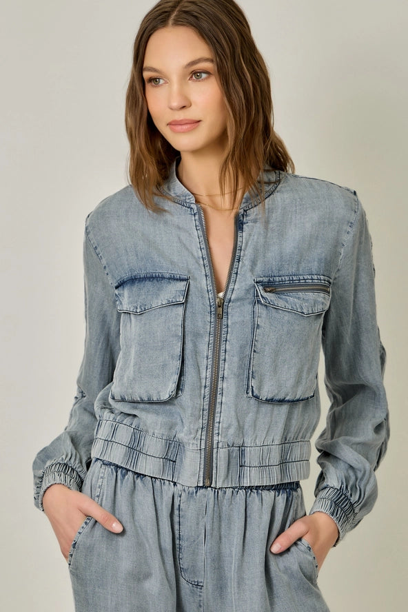 Mystree Tencel Gathered Sleeve Bomber Jacket