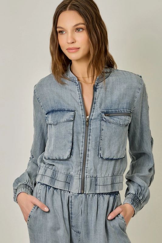 Mystree Tencel Gathered Sleeve Bomber Jacket